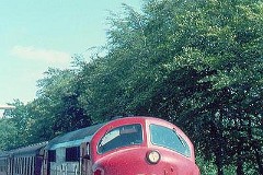 DSB MX 1021 photographed in Jelling 30. Kuly 1977.   The MX class was built by Nydquist & Holm AB (NOHAB) in Sweden licensed by General Motors. It was based on the MY class, but was bult with a lower axle load for the Danish branch lines. The MX class was put in service in 1960 - 1962. A1A-A1A. Dieselelectric. 1.445 hp. Max speed 133 km/h - 83 mph. Length 18 300 mm. Weight 89 metric tonnes. Built in a number of 45. MX 1021 was put in service in 1961. Withdrawn from service in 1992. In 1995 sold to TÅGAB, Sweden, numbered TMX 104.